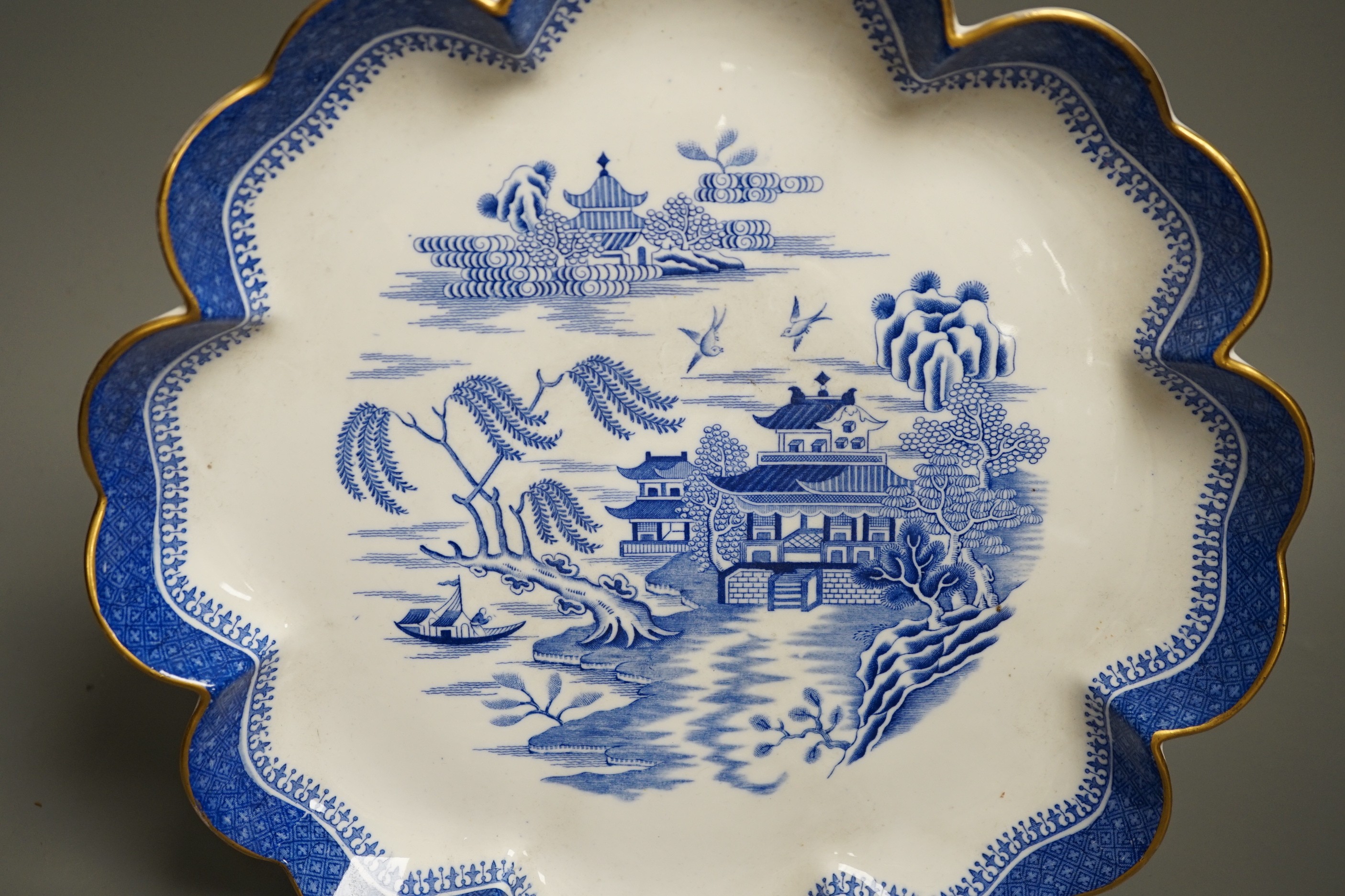 A Copeland blue and white Willow pattern part coffee set including a tray